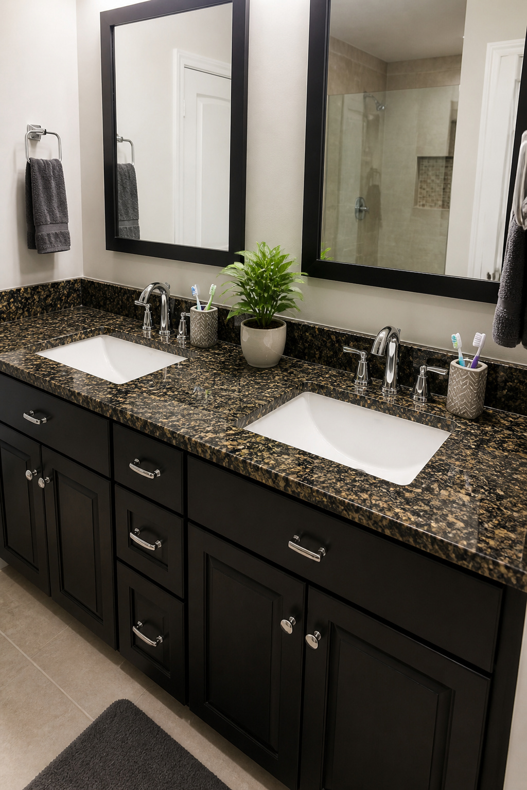 A speckled black and gold granite countertop spanning a double-sink bathroom vanity.