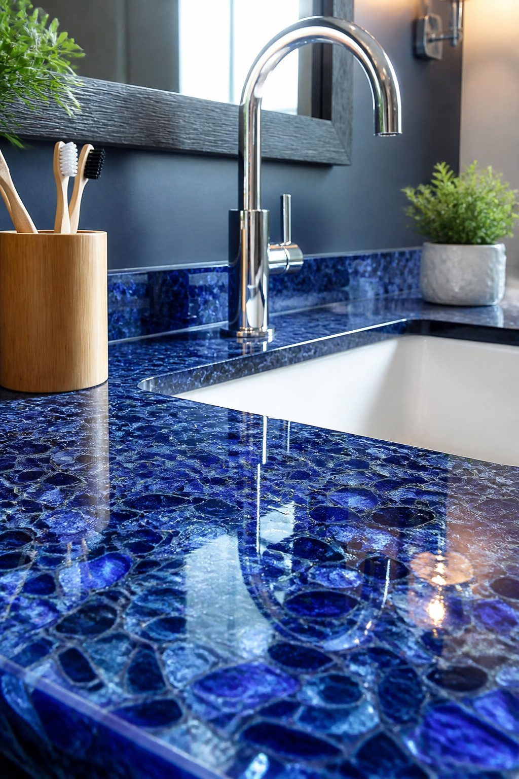 A deep blue recycled glass countertop, with embedded glass chips catching the vanity light.