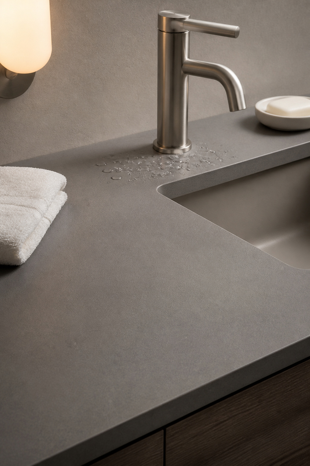 A honed quartz vanity countertop in a soft gray tone, showing its matte, low-glare surface up close.