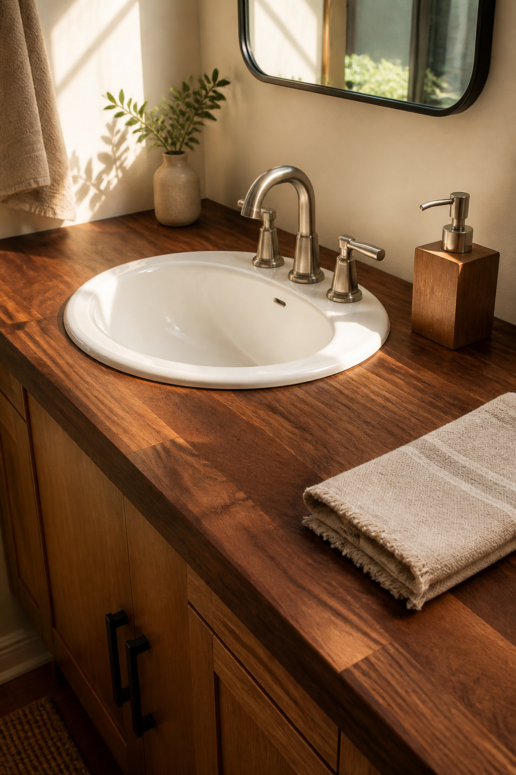 A walnut butcher block countertop with a drop-in sink, showing the natural grain under warm light.