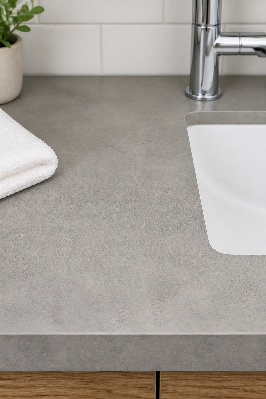 A matte, textured laminate countertop in a concrete-look gray finish, paired with a simple chrome faucet.