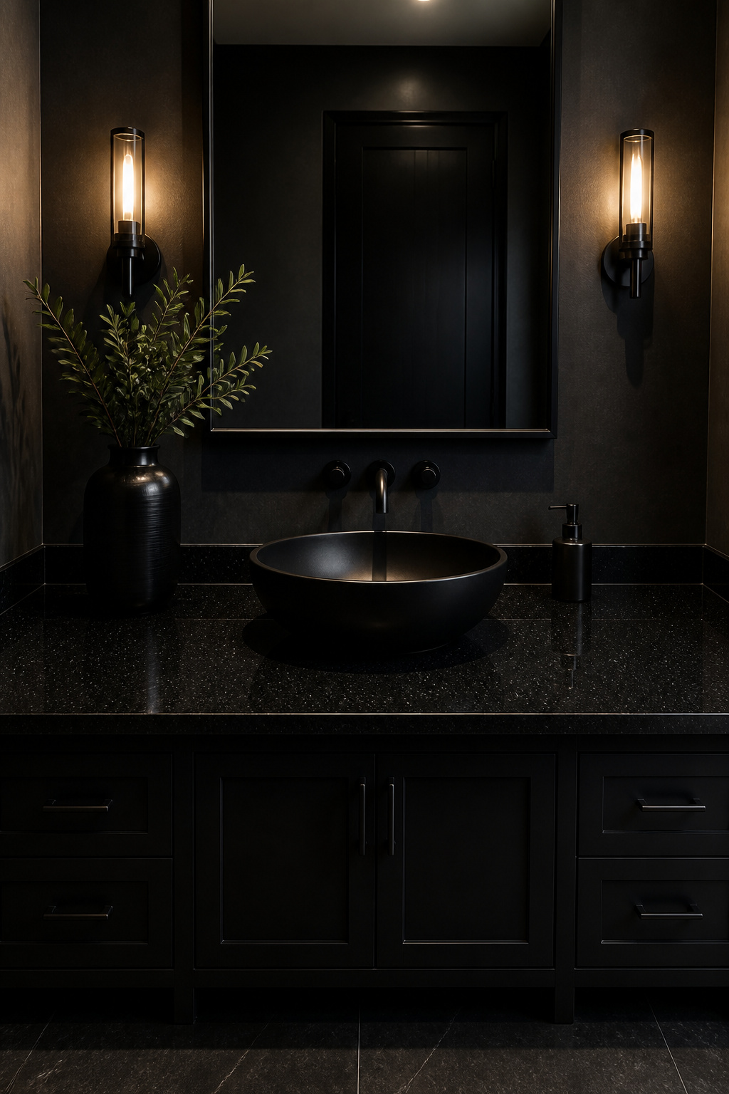 A black granite countertop with fine natural speckling, paired with matte black fixtures and layered lighting.