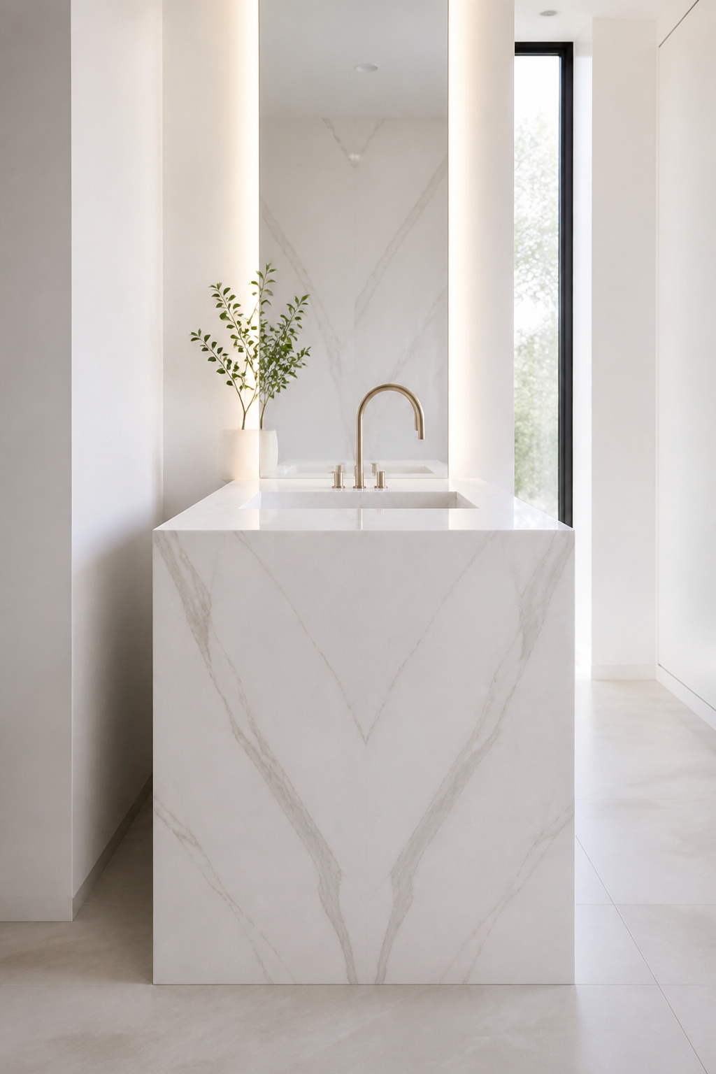 A quartz vanity with a book-matched waterfall edge wrapping seamlessly down to the floor.