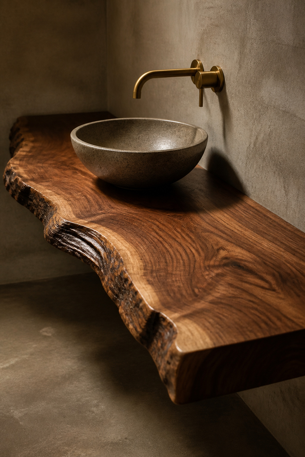 A live-edge walnut vanity countertop with its natural irregular edge intact, paired with a brass vessel faucet.