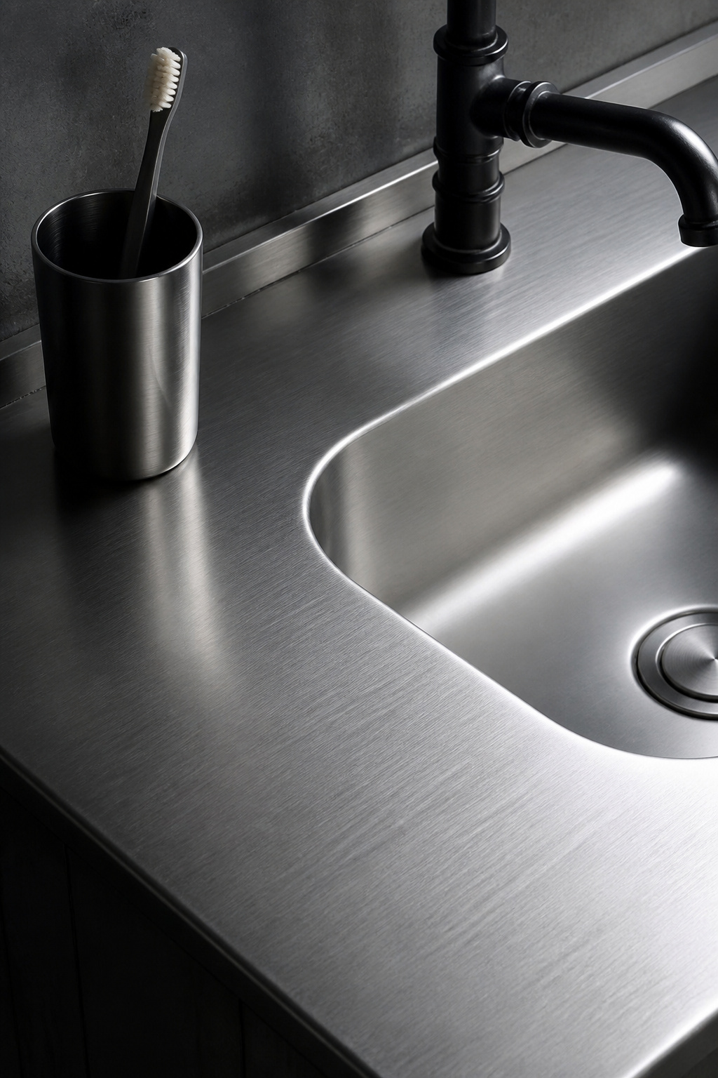 A brushed stainless steel countertop with an integrated sink, showing the directional grain of the finish.