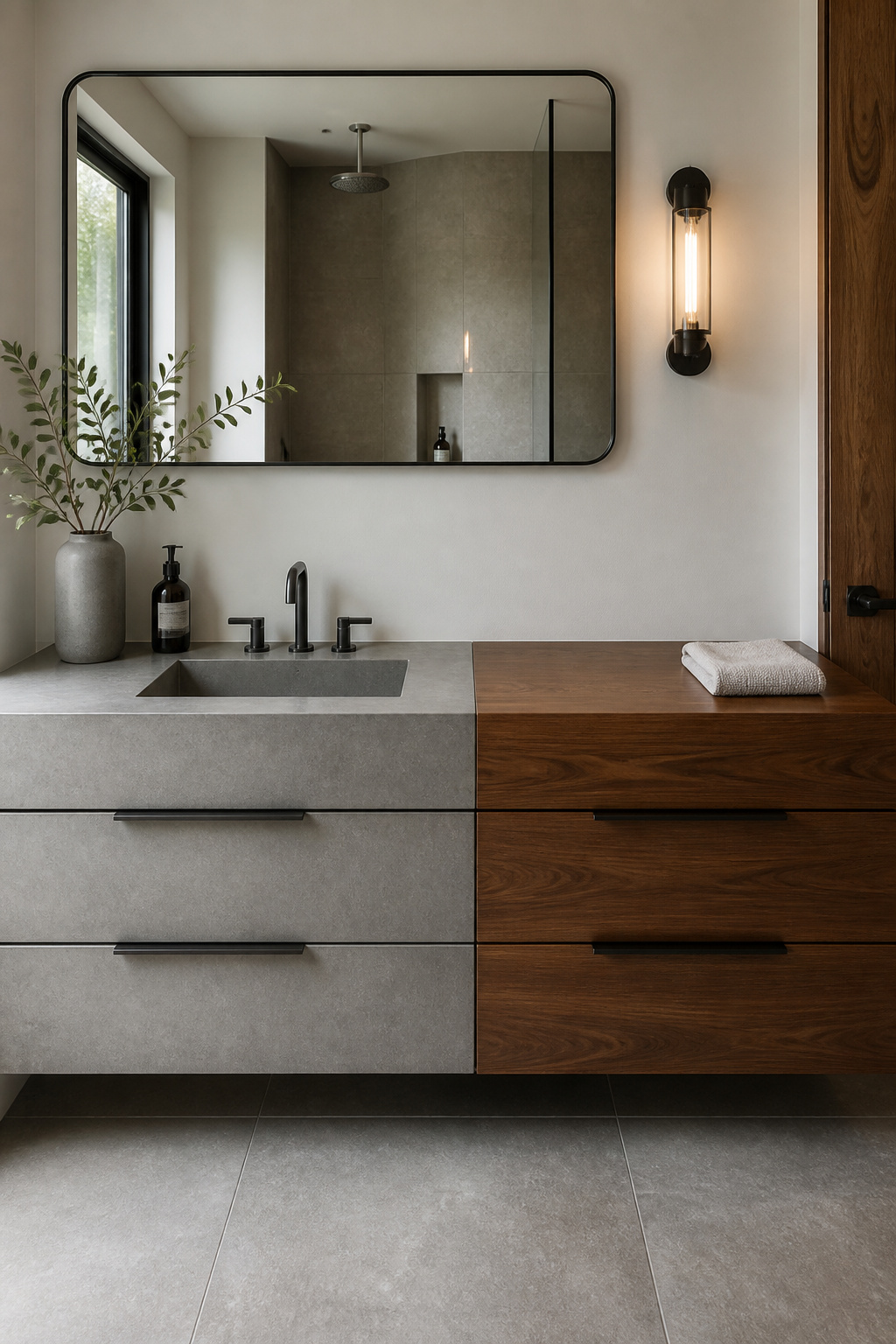 A two-tone vanity pairing a concrete sink deck with a warm walnut counter, divided by a clean seam.