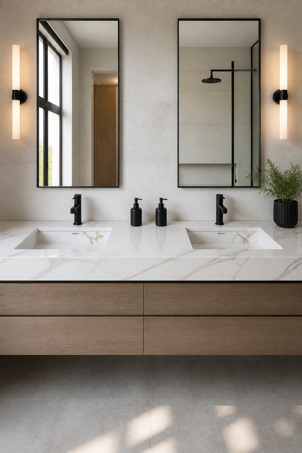 A large-format porcelain countertop with marble-look veining, spanning a full double-sink vanity with no seams.