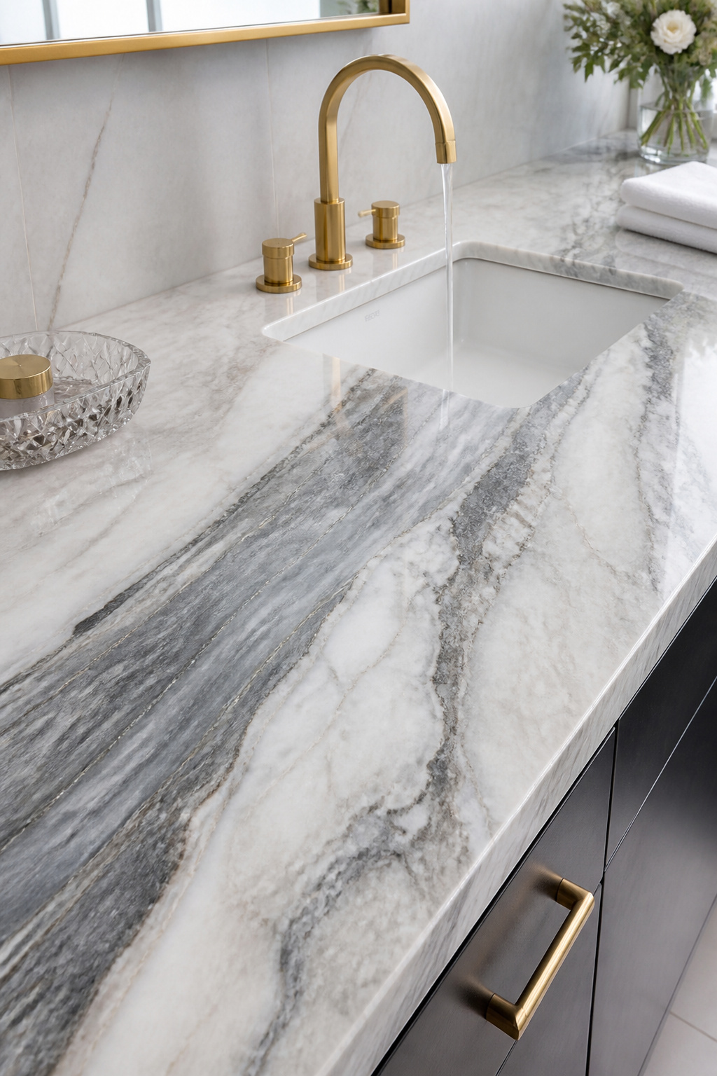 A white and gray quartzite countertop with dramatic natural veining, paired with brushed gold fixtures.