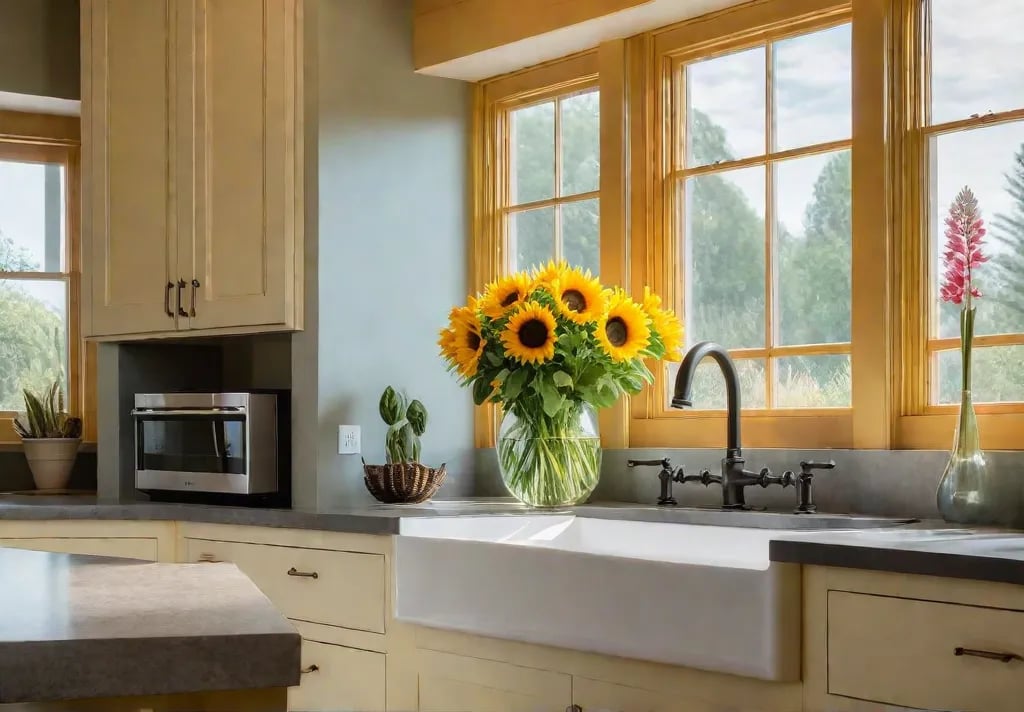 A bright and airy kitchen features a newly refaced island cabinet infeat