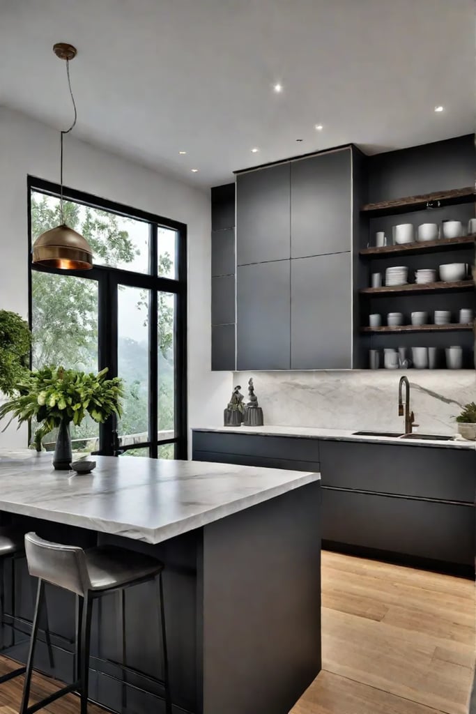 A unique kitchen island design featuring contrasting textures and colors