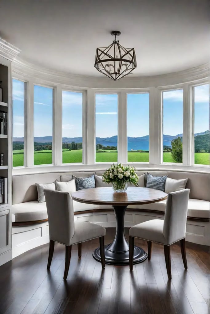 Bay window dining area with builtin seating and storage