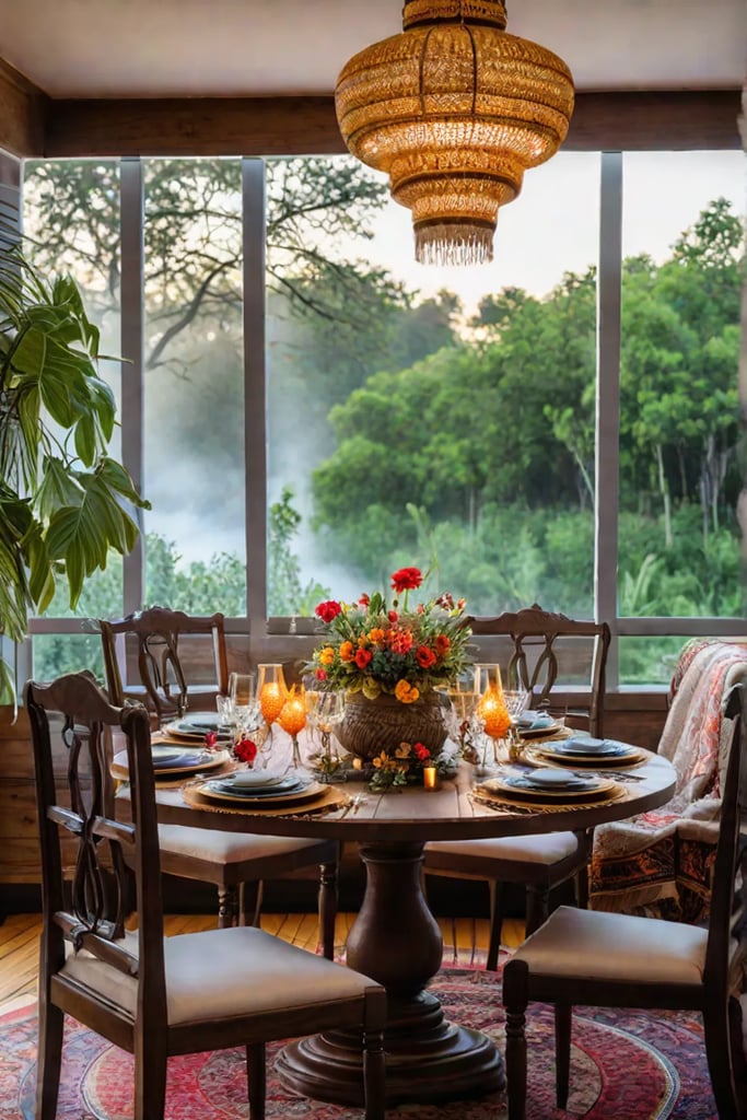 Bohemian dining area with tapestry tablecloth and vintage plates