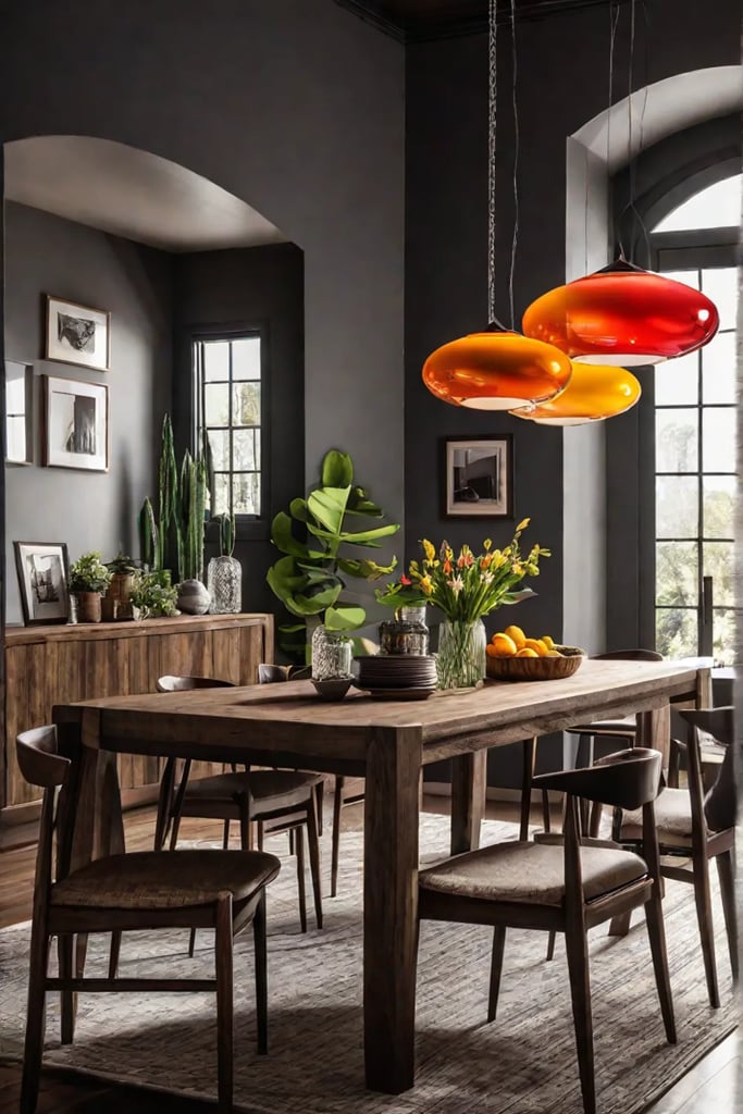 Bohemian dining room with colorful pendant lights and vintage table