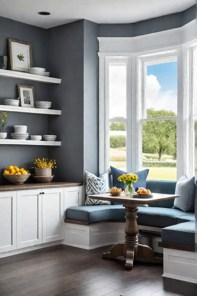 Breakfast nook with corner bench and floating shelves for efficient use of space