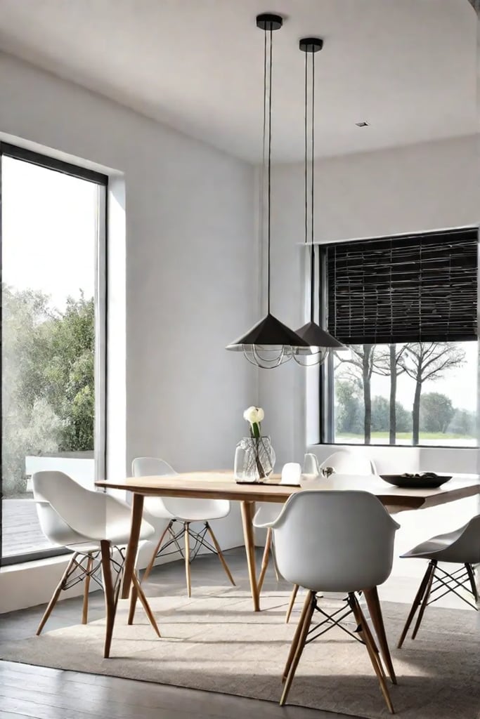 Clean and bright dining space with white furniture and airy feel