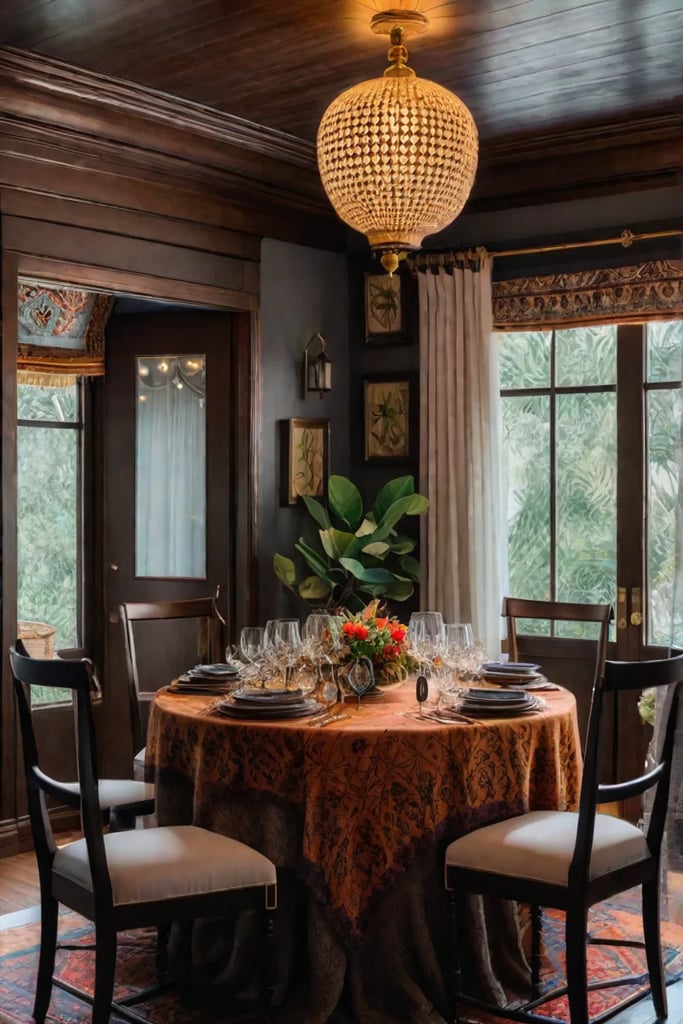 Colorful and eclectic table setting with dried flowers and lanterns