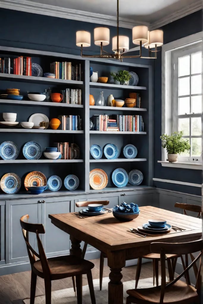 Colorful dining space with open shelving and personality