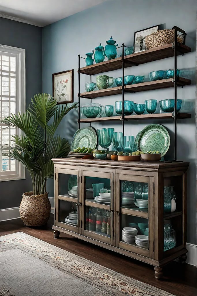 Combining different storage solutions creates a unique and personalized dining space