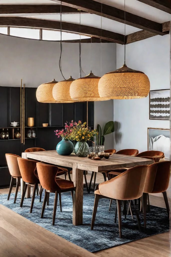 Eclectic dining space with unique lighting and vibrant colors