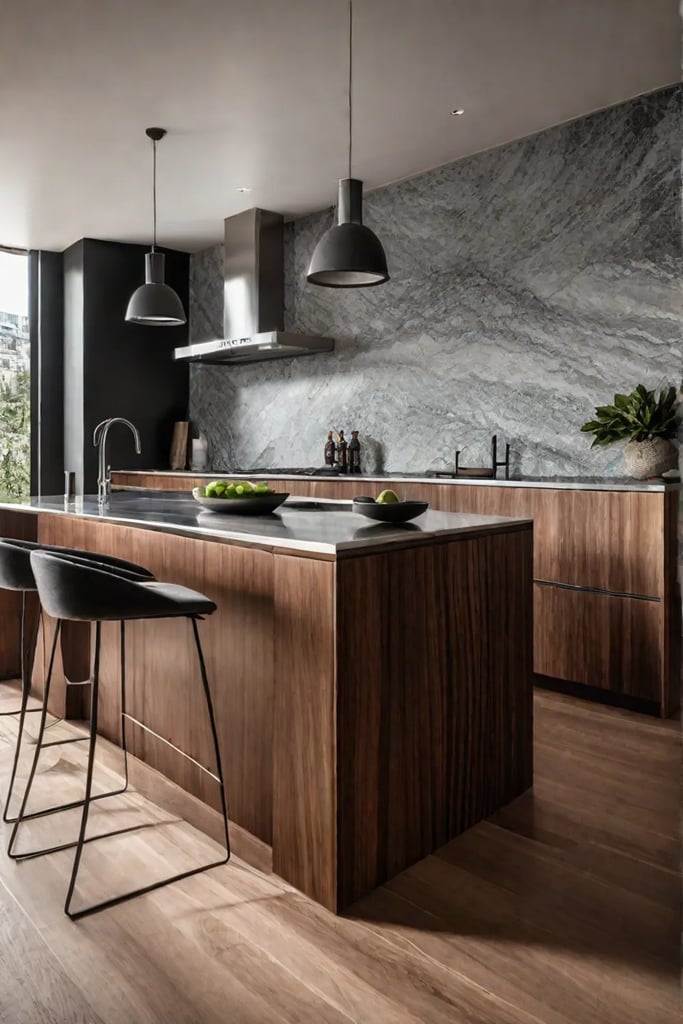 Eclectic kitchen island with mixed materials including wood stainless steel and stone