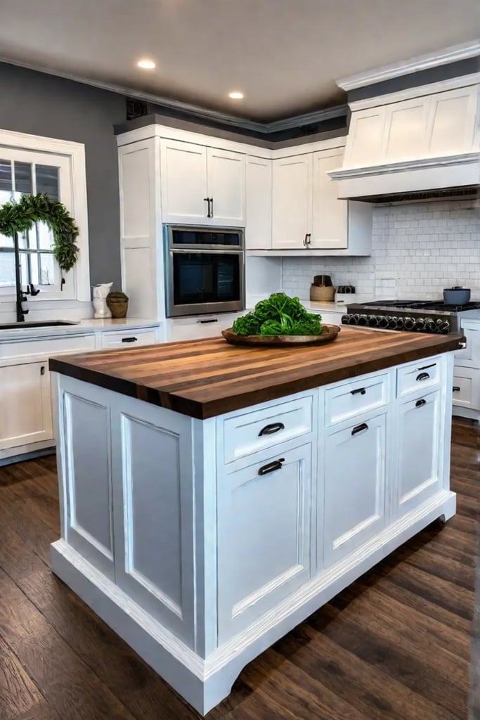 Farmhouse kitchen island with deep drawers for storing cookware