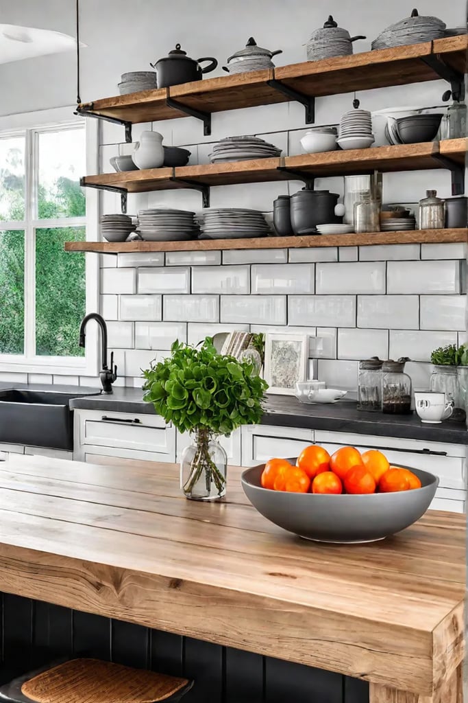 Farmhouse kitchen island with open shelving and subway tile backsplash