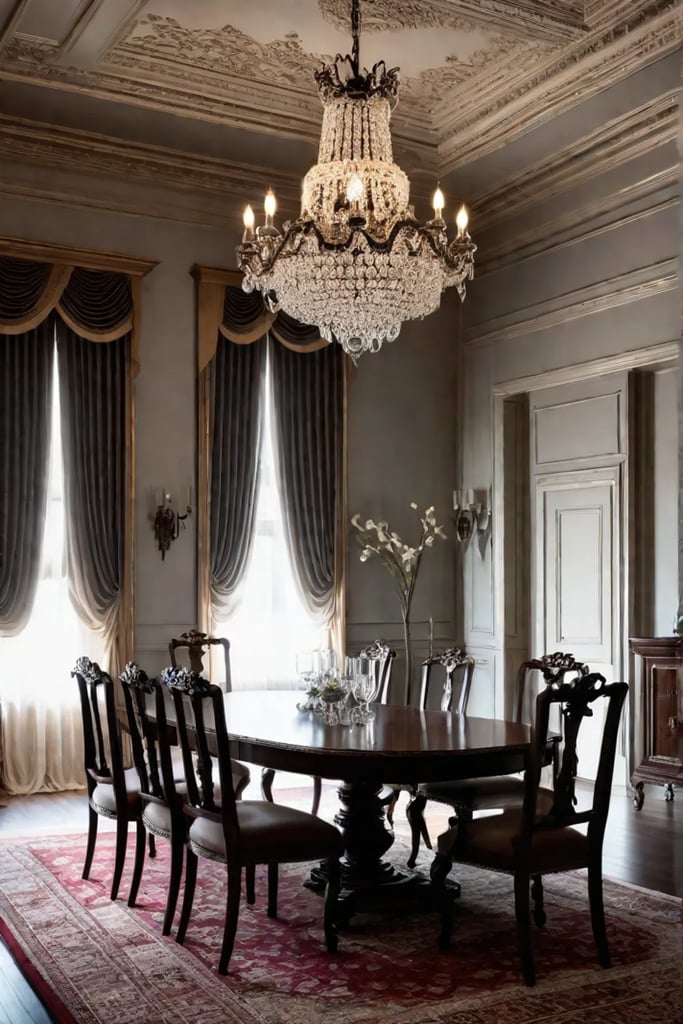 Formal dining space with classic decor and artwork