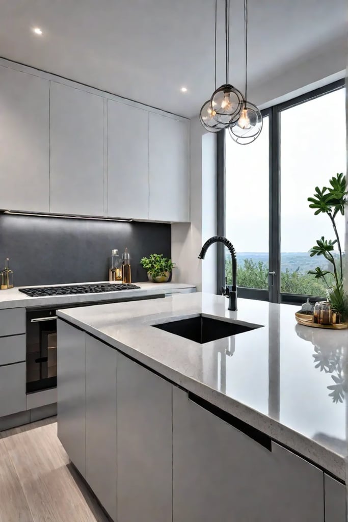 Functional kitchen island with laminate cabinets and a quartz countertop