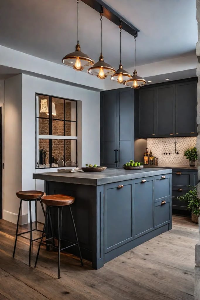 Industrial kitchen island with metal cabinets and concrete countertop
