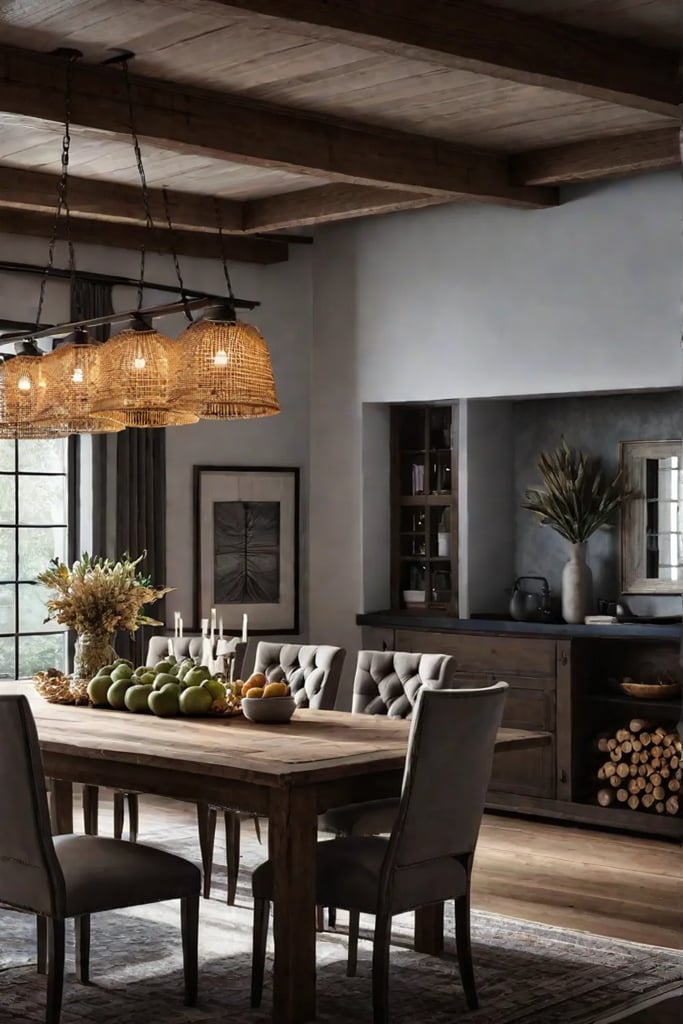 Inviting dining space with natural materials and harvest table