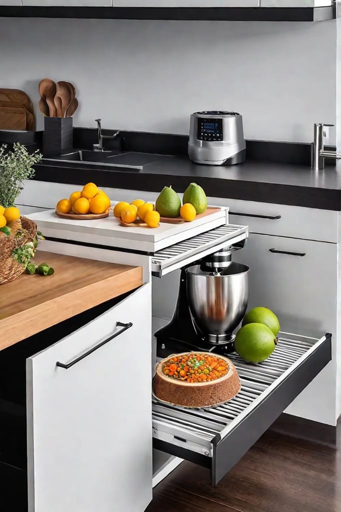 Kitchen island with a pullout shelf for storing a small appliance