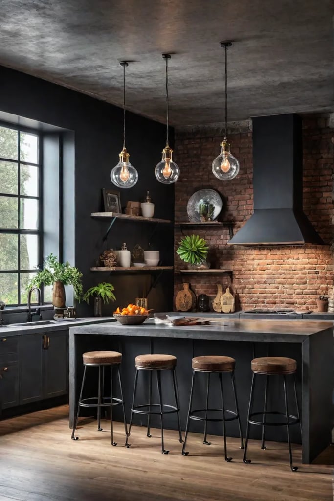 Kitchen island with exposed brick backsplash and Edison bulb lighting