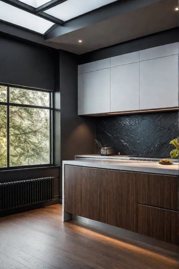 Kitchen island with unique design featuring wood cabinets and stone backsplash