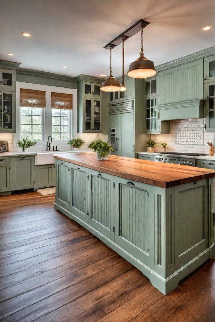 Kitchen island with vintage hardware and beadboard backsplash