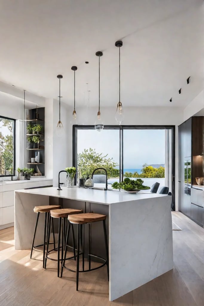Kitchen island with white countertops and natural light