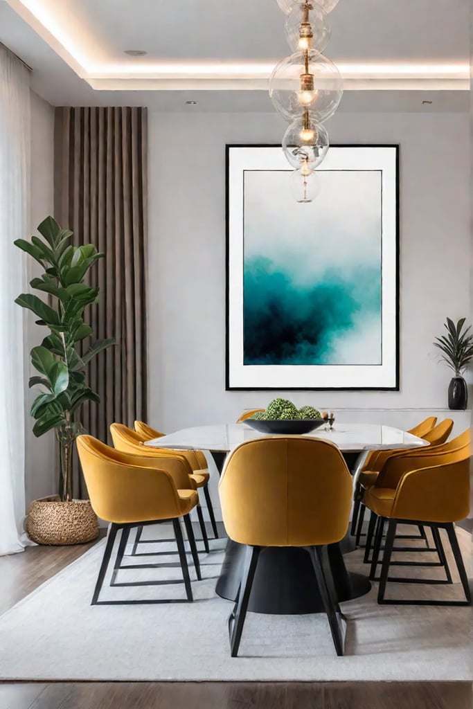 Minimalist dining room with a large abstract painting as the focal point