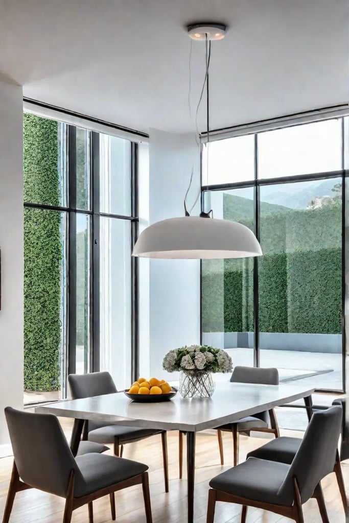 Minimalist dining room with simple pendant light and natural light