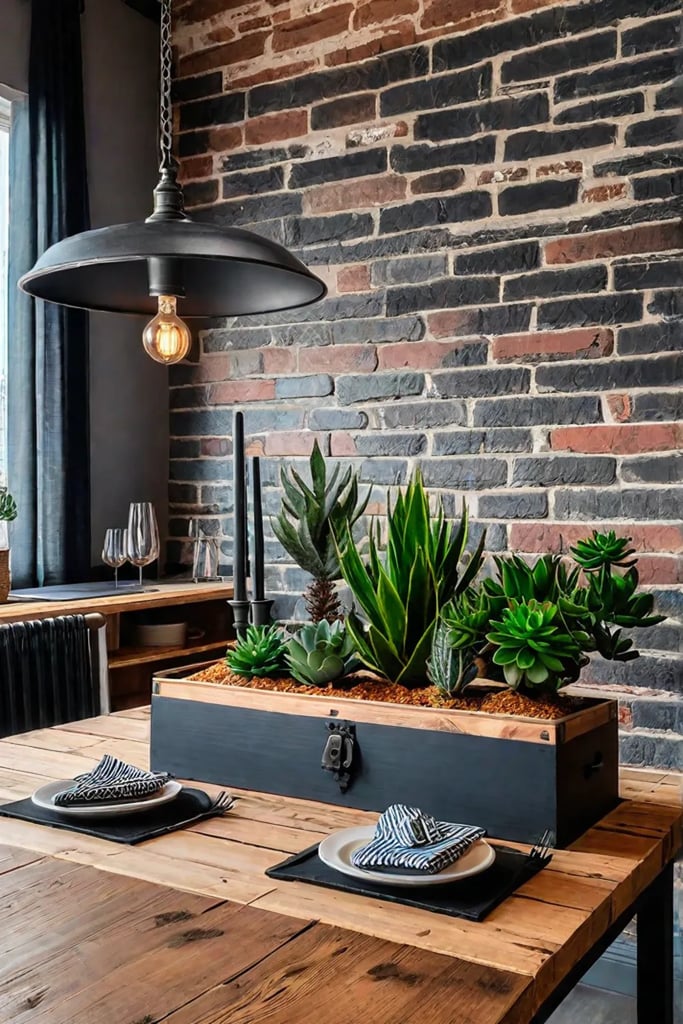 Modern industrial table setting with succulents and gears