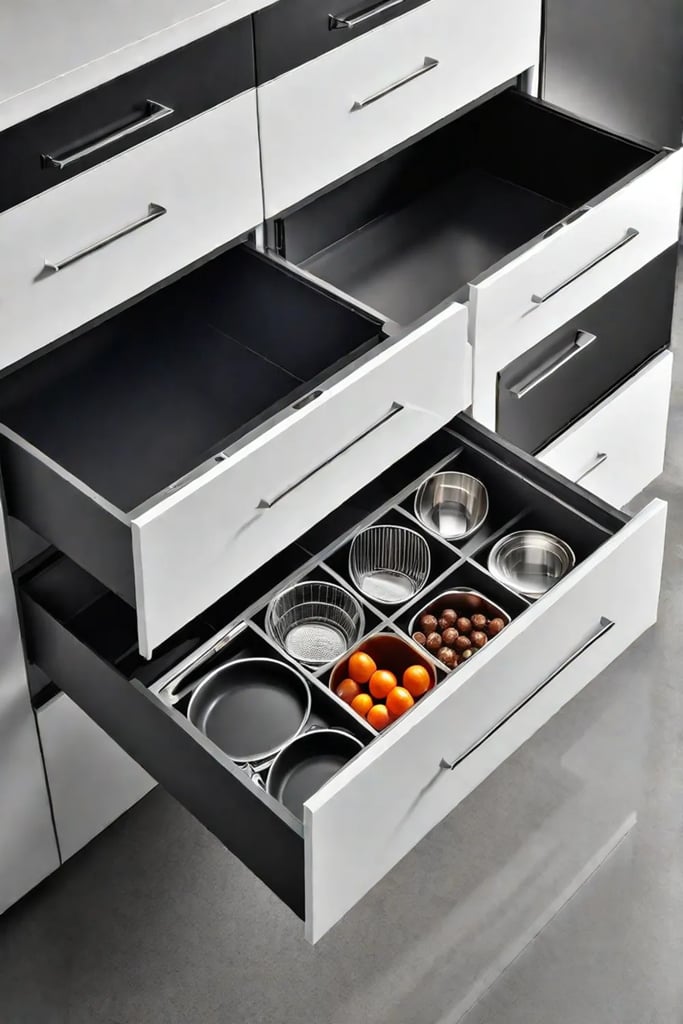Modern kitchen island with custom utensil organizers in open drawers