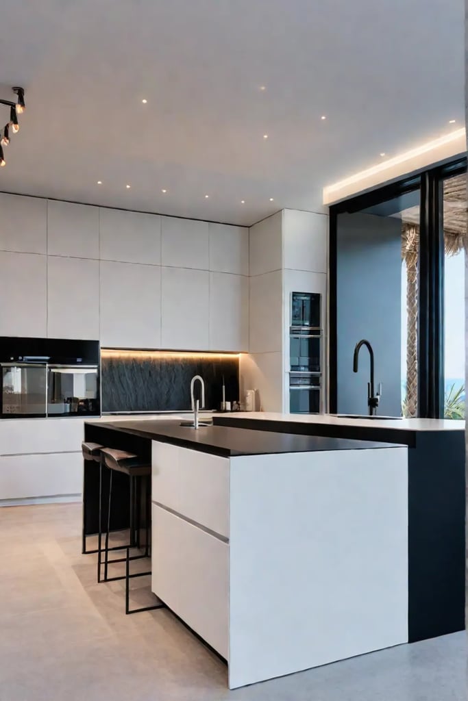 Modern kitchen island with flatpanel black cabinets and waterfall countertop