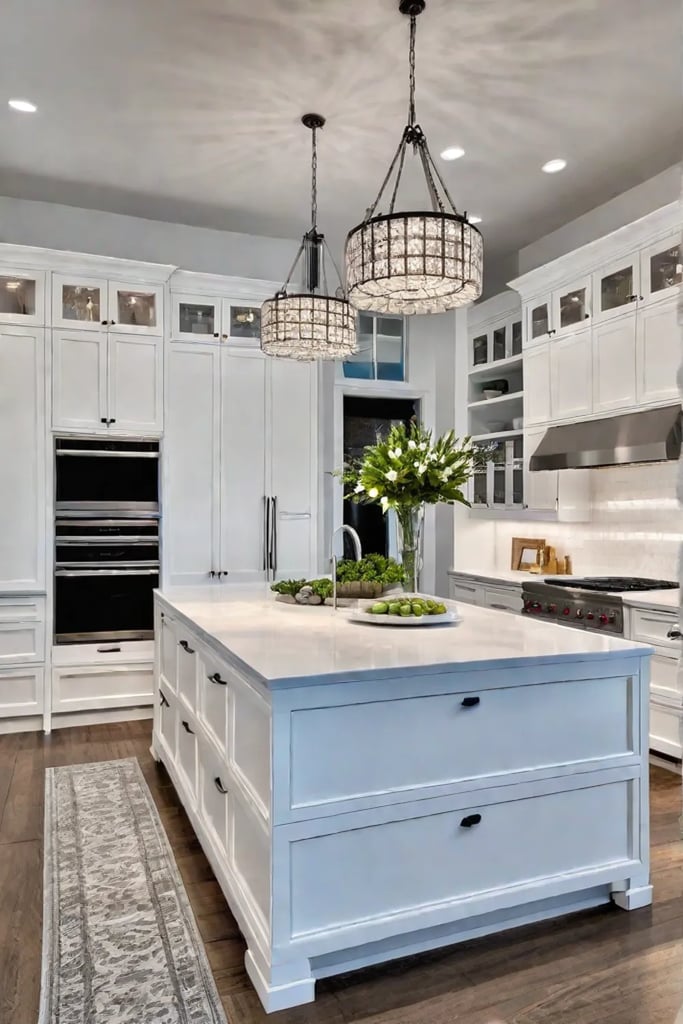 Open shelves displaying decor and cookbooks closed cabinets for everyday items