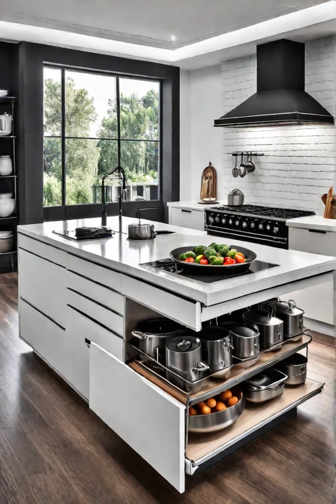 Pots and pans organized with a rack system in a kitchen drawer
