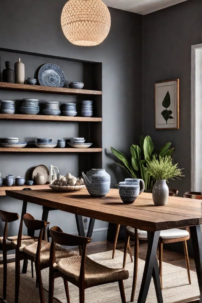 Rustic dining room with farmhouse table and open shelving