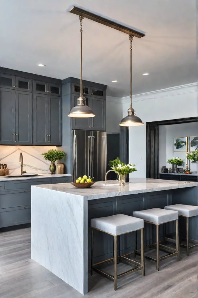 Shaker style kitchen island with marble countertops and bar stools