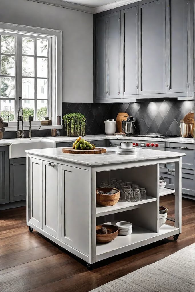 Stand mixer stored on a pullout shelf in a kitchen island
