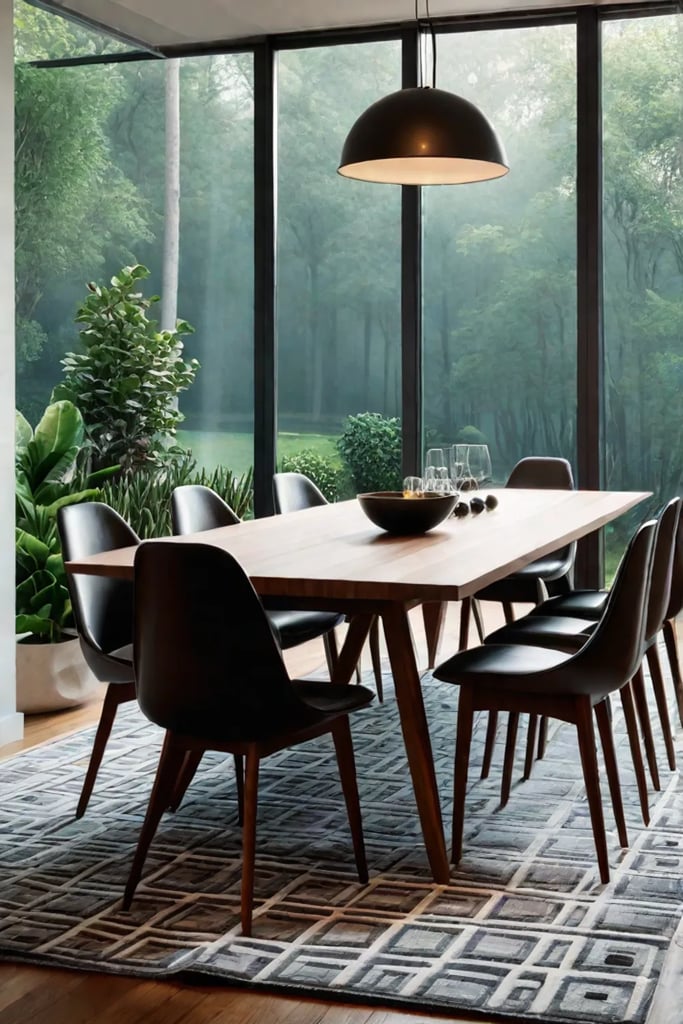 Stylish dining space with geometric patterns and natural light
