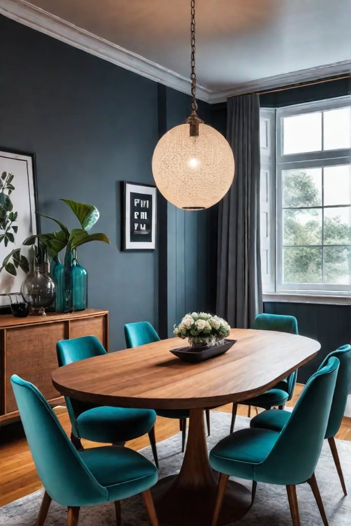 Unique dining space with antique chairs and industrial lighting