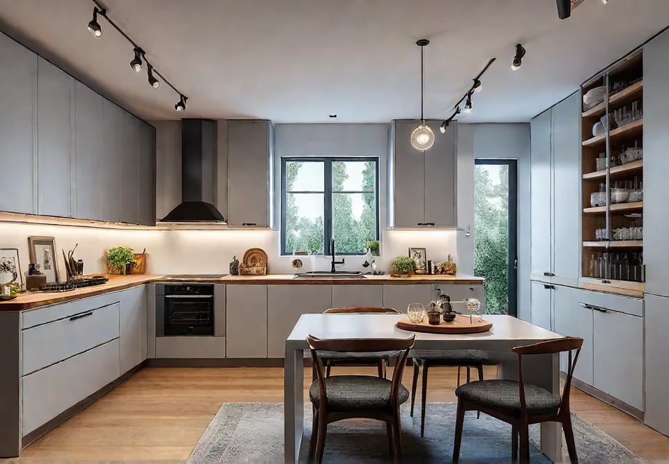 A clutterfree brightly lit kitchen showcasing specialized zones for efficient organization includingfeat