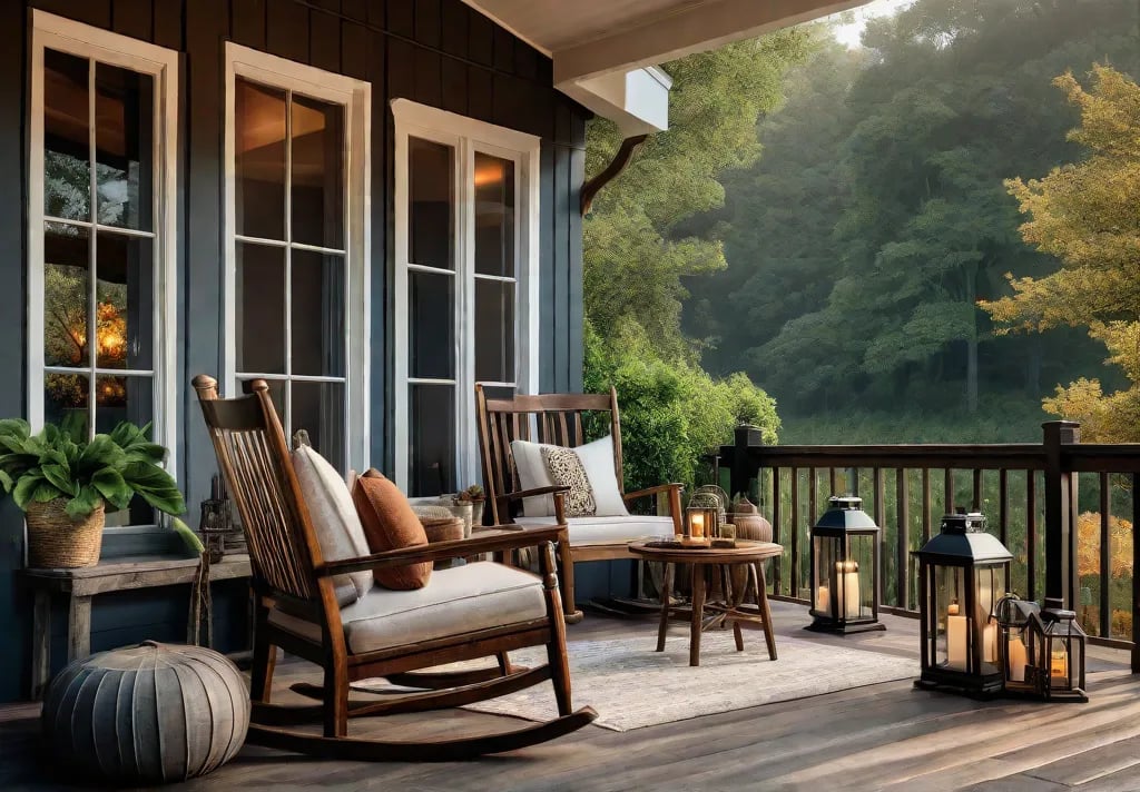 A cozy farmhouse porch with vintage rocking chairs a repurposed wooden tablefeat