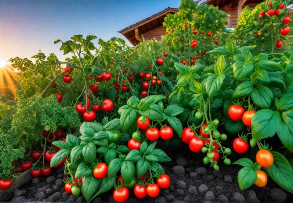 A lush backyard garden overflowing with ripe tomatoes vibrant peppers juicy strawberriesfeat